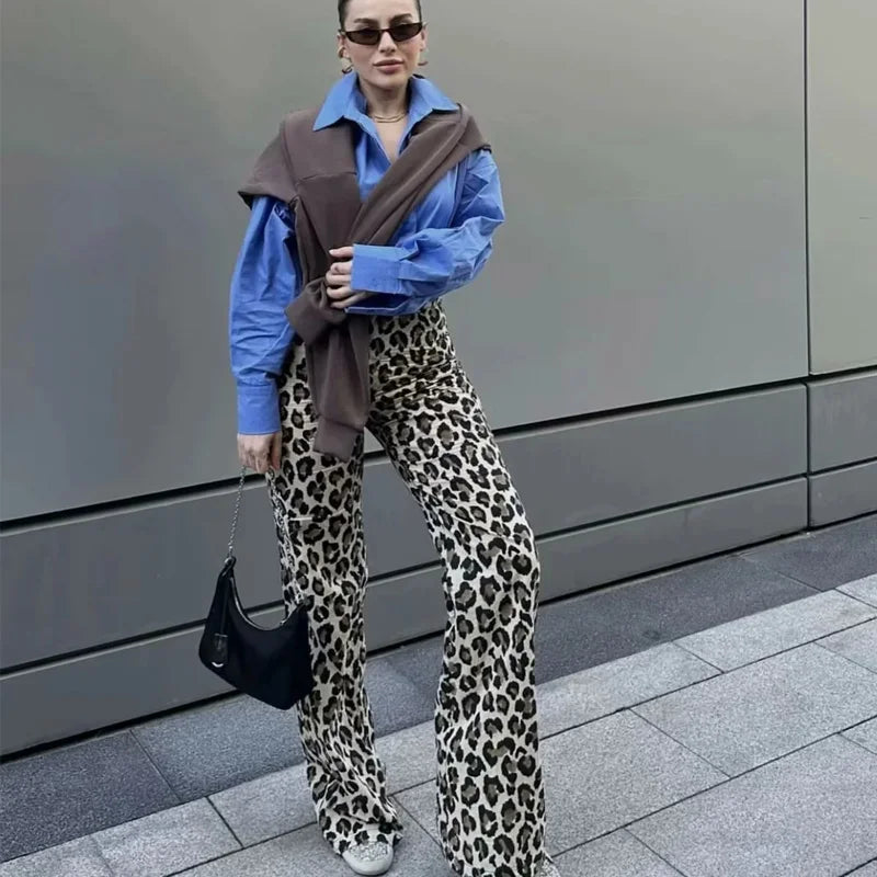 TRAF Calça Cintura Alta Estilo Leopardo