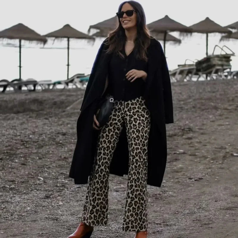 TRAF Calça Cintura Alta Estilo Leopardo